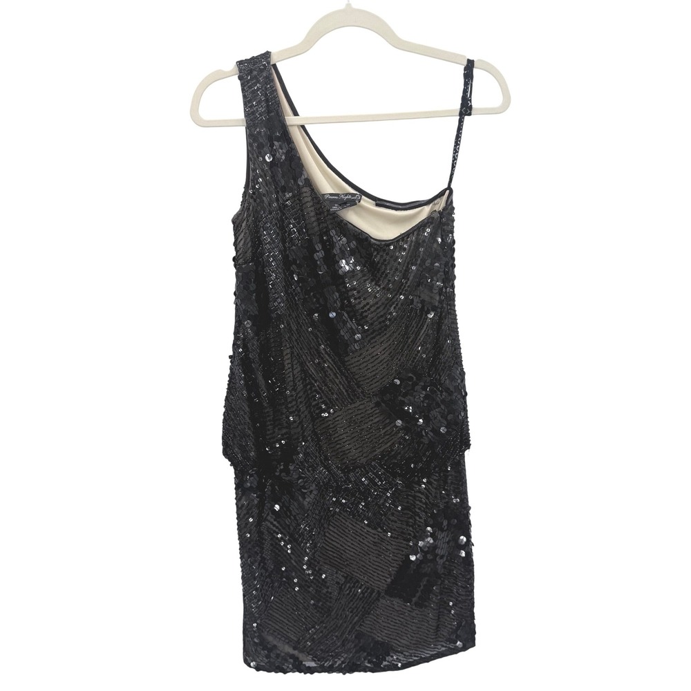 Pisarro Nights Black Nude Silk One Shoulder Beaded Sequin Cocktail Dress Size 6